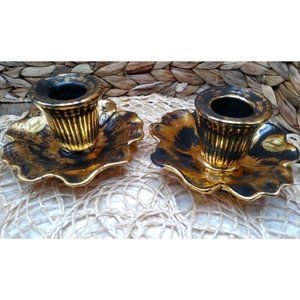 Vintage Stangl Black Candleholders, 22KT Gold, EUC